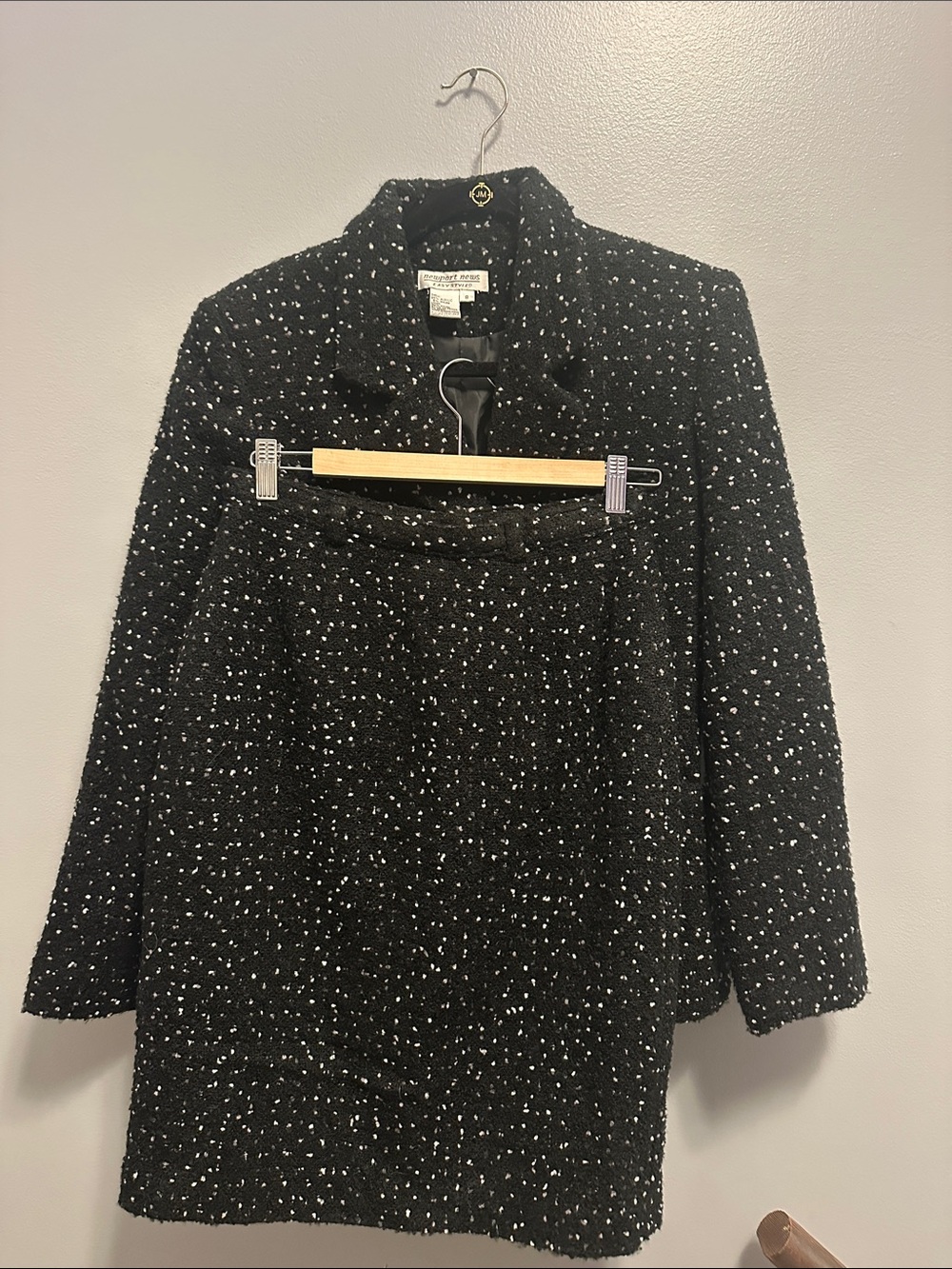 Vintage Newport News Black Tweed Jacket and Skirt Set with White Speckles